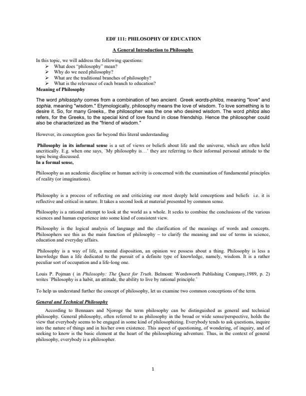 Page 1 – EDF 111: Philosophy of Education Notes – Kenyaplex