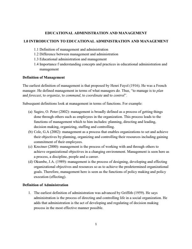 Page 1 – EMP 411: Educational Administration and Management Notes - Moi University – Kenyaplex