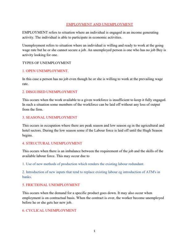 Page 1 – Economics, Employment and Unemployment Notes – Kenyaplex