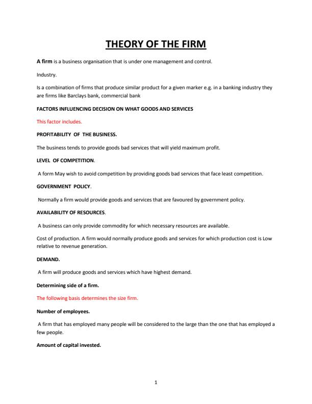 Page 1 – Economics Notes on theory of the firm – Kenyaplex