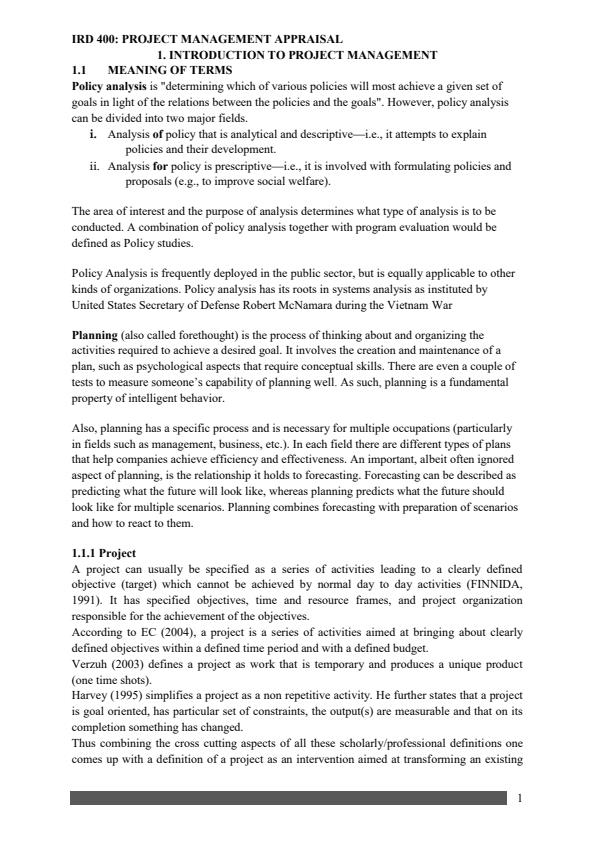 Page 1 – IRD 400: Project Management Appraisal Notes – Kenyaplex