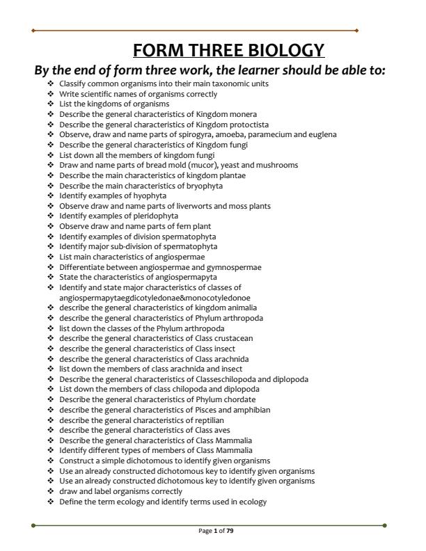 Page 1 – Well Researched Form 3 Biology Notes – Kenyaplex