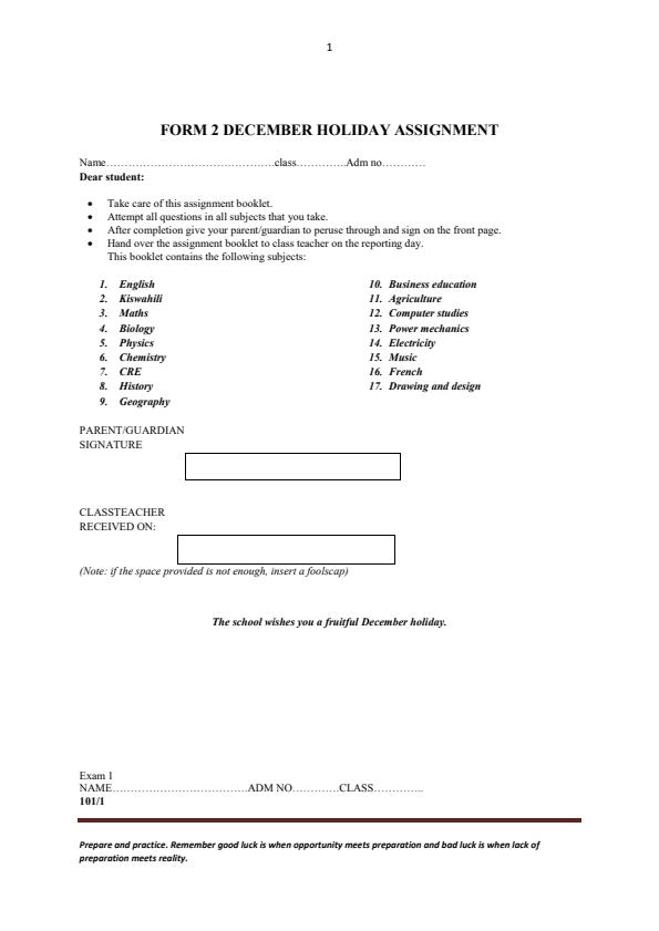 Page 1 – Form 2 Holiday Assignment – Kenyaplex