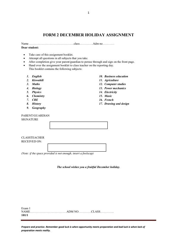 holiday assignment form 1 2023 term 2