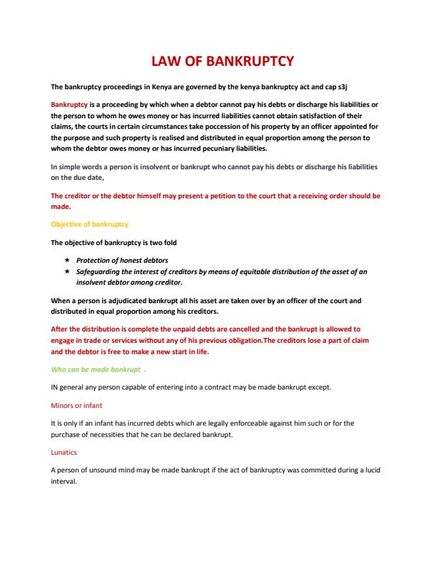 Page 1 – Commercial Law: Law of Bankruptcy Notes – Kenyaplex