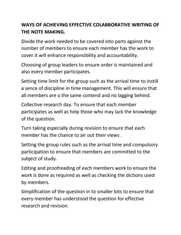 Page 1 – Ways of Achieving Effective Collaborative Writing of the Note Making – Kenyaplex