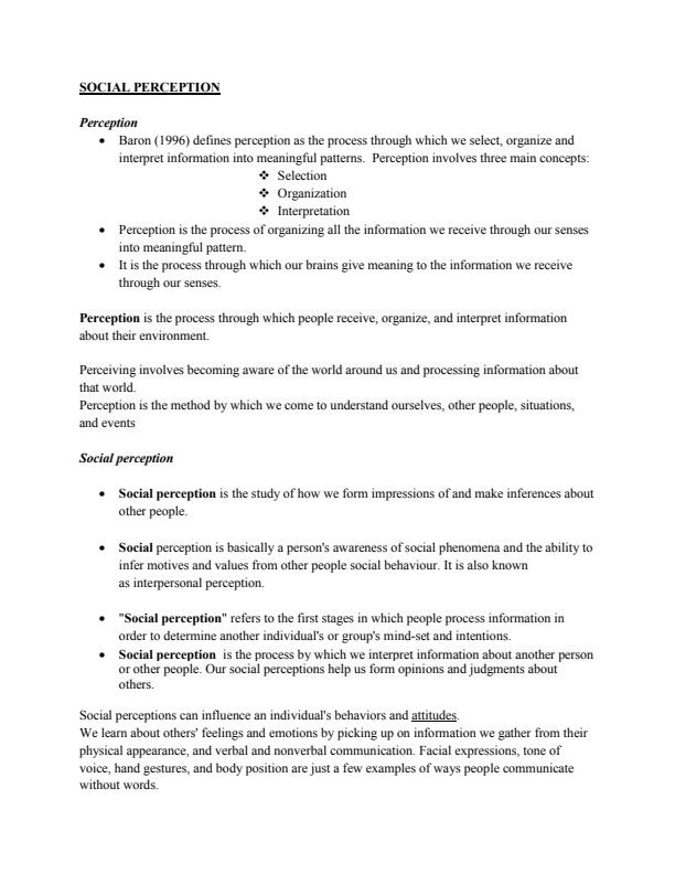 Page 1 – Social Psychology and Human Development Notes on Social Perception – Kenyaplex