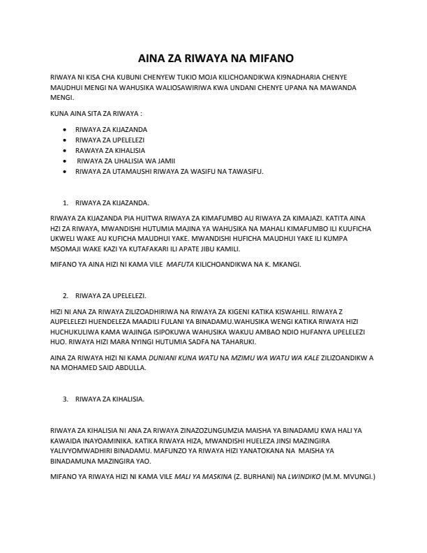 Page 1 – Aina Za Riwaya Na Mifano Yake – Kenyaplex