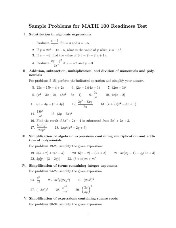 Page 1 – Sample Problems for MATH 100 Readiness Test – Kenyaplex