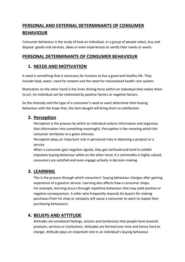 Page 1 – Personal and External Determinants of Consumer Behaviour: ABA 327:Consumer Behaviour – Kenyaplex