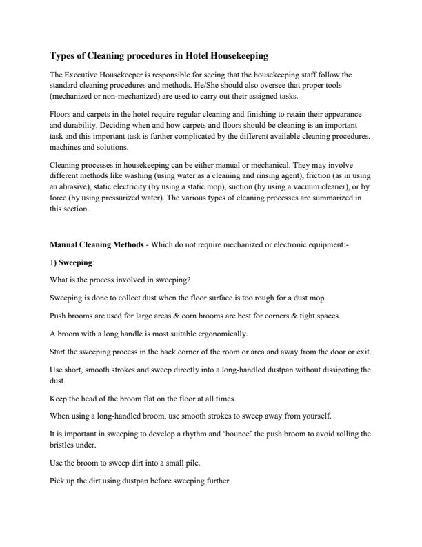 Page 1 – Types of Cleaning procedures in Hotel Housekeeping – Kenyaplex