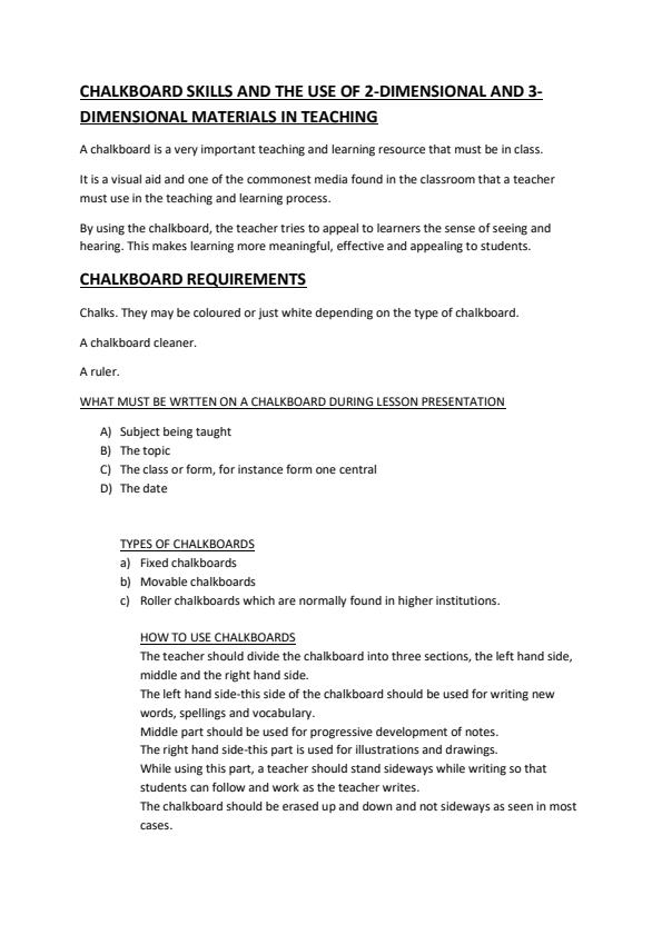 Page 1 – Chalkboard Skills and the Use of 2-Dimensional and 3-Dimensional Materials in Teaching: ECT 360: Educational Technology – Kenyaplex