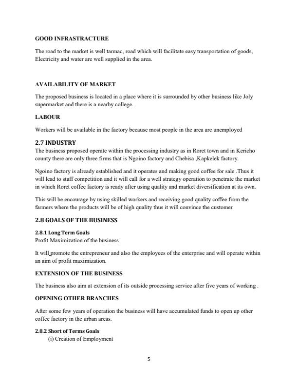 Page 3 – Sample Coffee Factory Business Plan – Kenyaplex