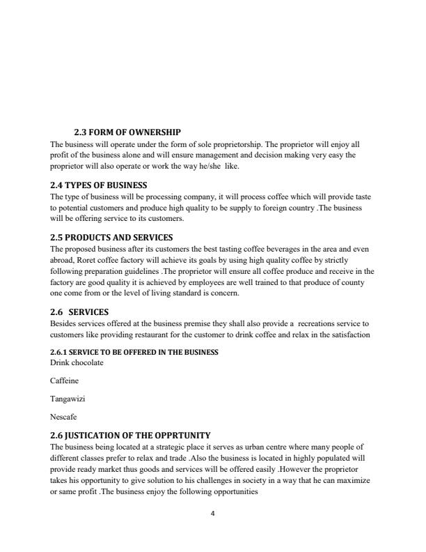 Page 2 – Sample Coffee Factory Business Plan – Kenyaplex