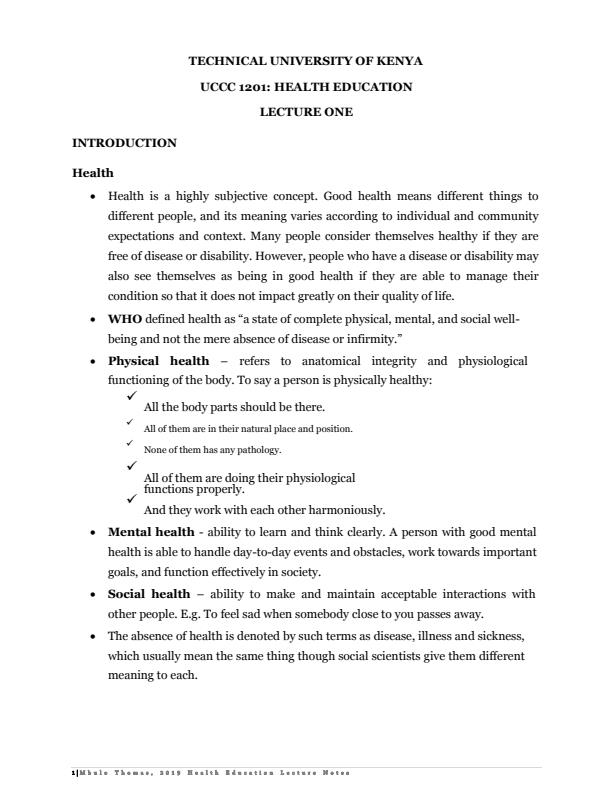 Page 1 – UCCC 1201: Health Education Notes – Kenyaplex