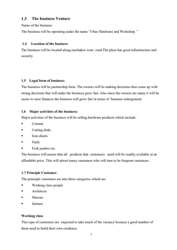 Page 2 – Hardware Shop Business Plan – Kenyaplex
