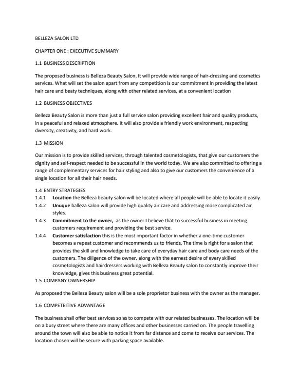 Page 1 – Sample Salon Business Plan – Kenyaplex