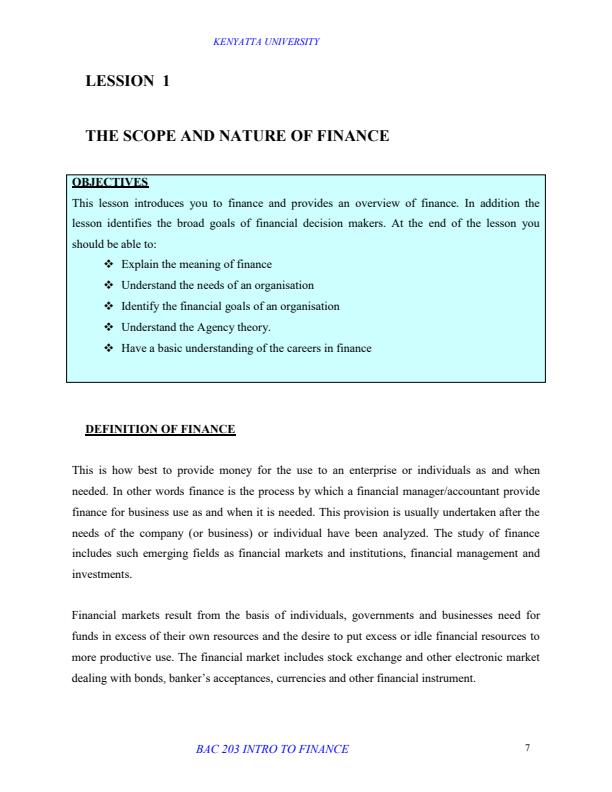 Page 1 – BAC 203: Introduction to Finance Notes – Kenyaplex