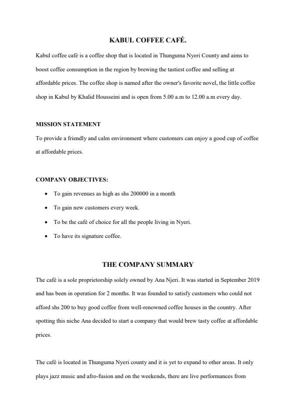 Page 2 – Sample Coffee Shop Business Plan – Kenyaplex