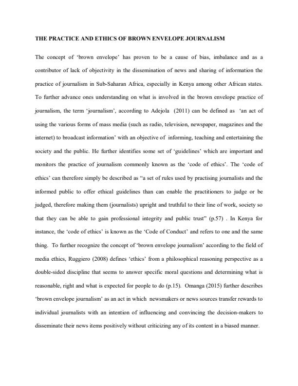 Page 1 – Communication Ethics Notes: The Practice of Ethics and Brown Envelope Journalism – Kenyaplex
