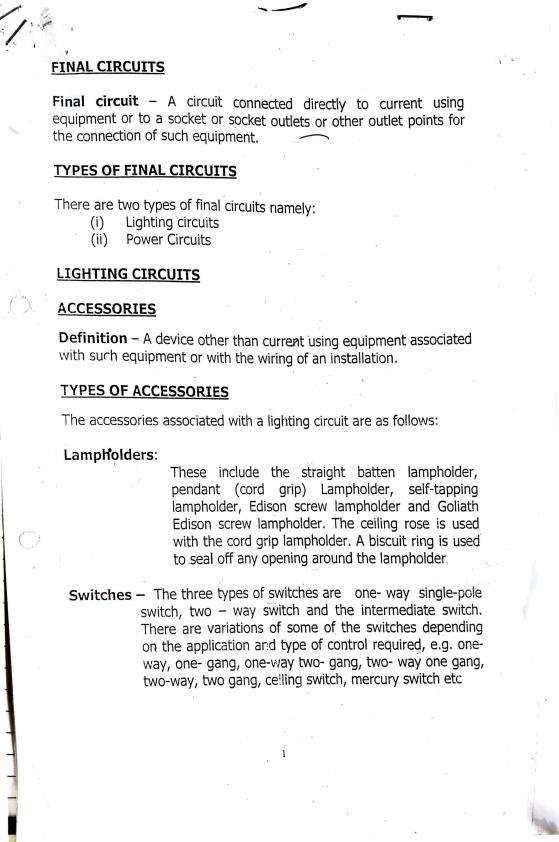 Page 1 – Electrical  Installation Technology Notes on Final Circuit – Kenyaplex