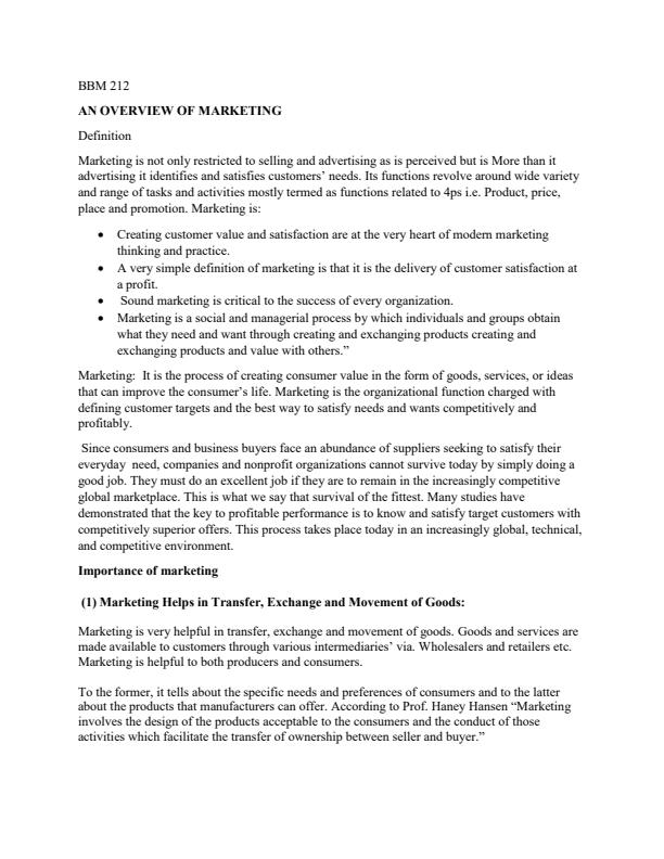 Page 1 – BBM 212: Principles of Marketing Notes – Kenyaplex