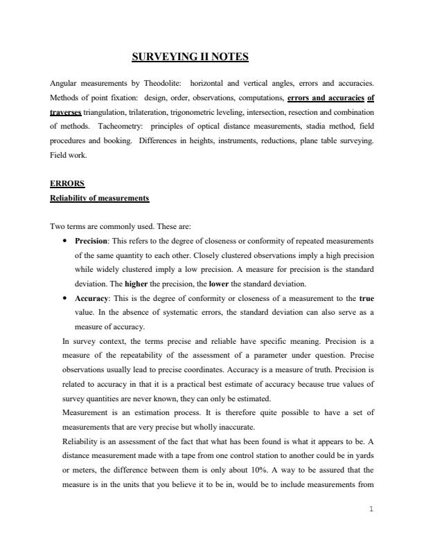 Page 1 – Surveying II Notes on Errors and Accuracy – Kenyaplex