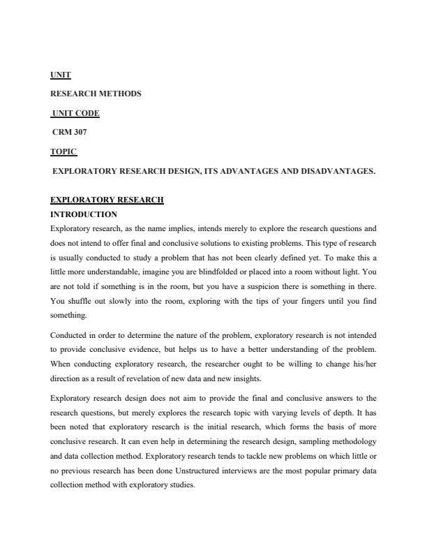 Page 1 – CRM 307- Research Methods:  Exploratory research design, its advantages and disadvantages – Kenyaplex
