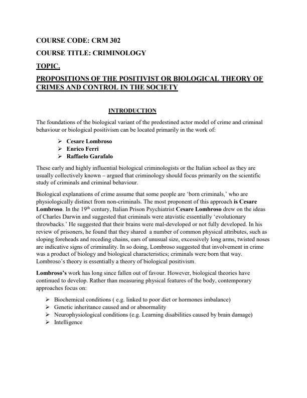 Page 1 – CRM 302 - Criminology: Propositions of the positivist or biological theory of crimes and control in the society – Kenyaplex