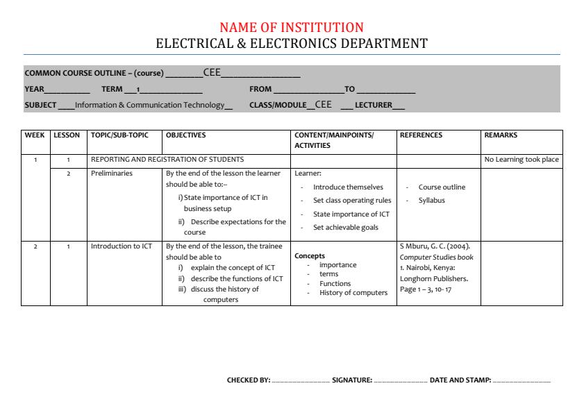Page 1 – Information Communication Technology ICT Schemes of Work for Craft Certificate and Diploma in Electrical and Electronics Engineering – Kenyaplex