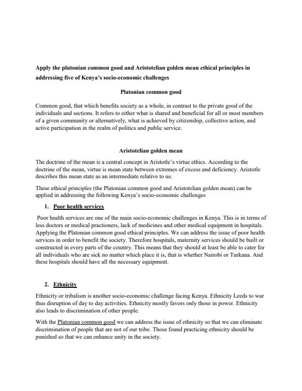 Page 1 – Apply the plutonian common good and Aristotelian golden mean ethical principles in addressing five of Kenya’s socio-economic challenges – Kenyaplex
