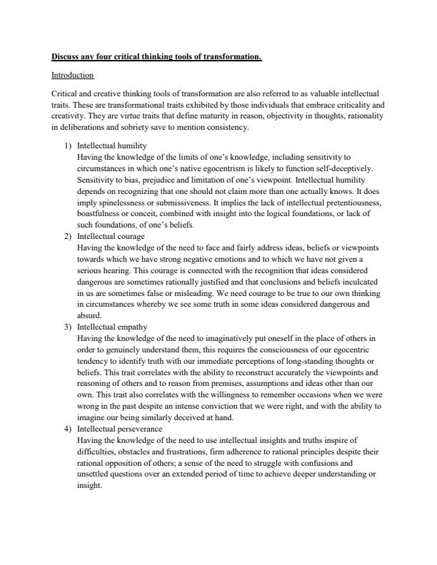 Page 1 – Discuss any four critical thinking tools of transformation – Kenyaplex