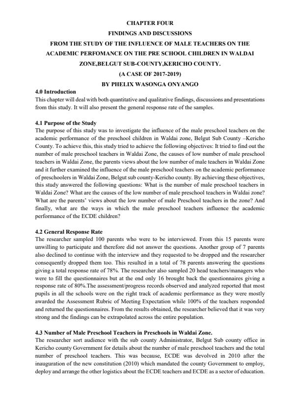 Page 1 – Findings and discussions From the study of the influence of male teachers on the Academic performance on the preschool children – Kenyaplex