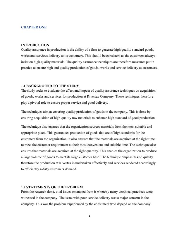 Page 1 – Effect of quality assurance techniques in acquisition of goods, works and services in a manufacturing firm – Kenyaplex