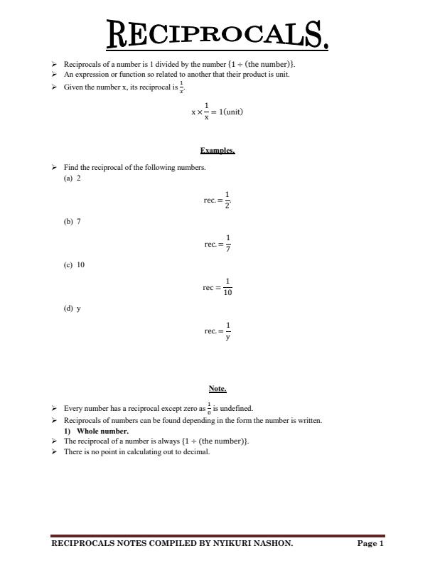 Page 1 – Form 2 Mathematics Notes on Reciprocals – Kenyaplex