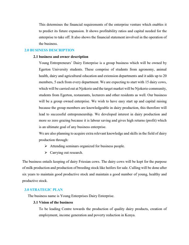 Page 2 – Sample Dairy Farming Business Plan – Kenyaplex