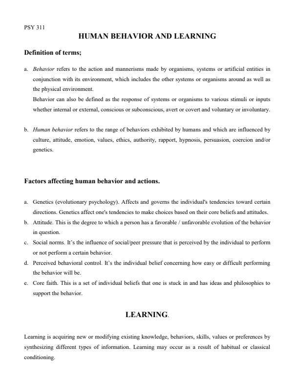 Page 1 – PSY 311: Human Behavior and Learning Notes – Kenyaplex