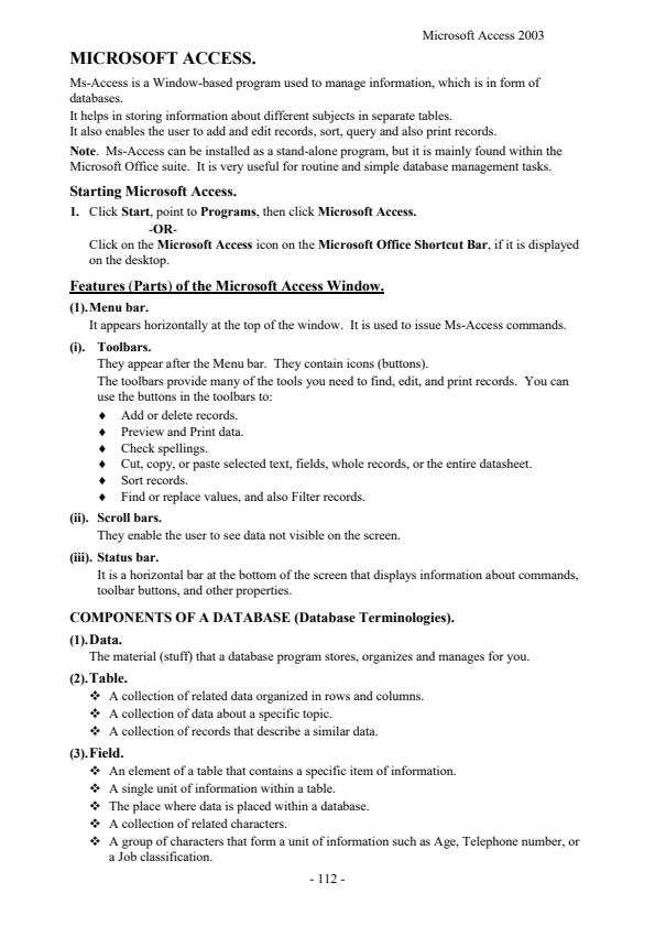 Page 1 – Microsoft Access - Database Notes – Kenyaplex