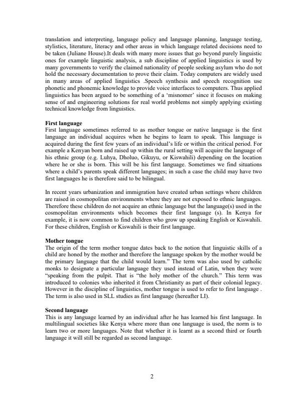 Page 1 – Second Language Acquisition BLA3111 Notes – Kenyaplex