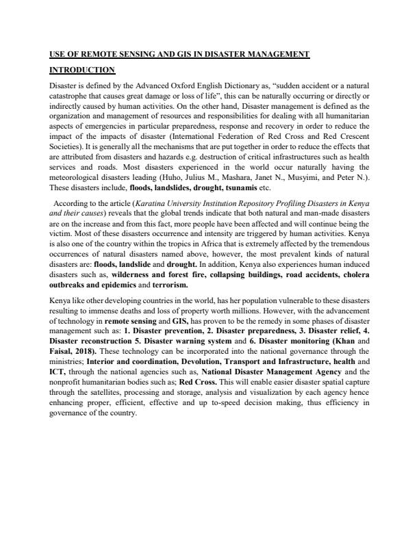 Page 1 – Application of GIS and remote sensing in analysing disasters such as floods,landslides,drought and desertification – Kenyaplex