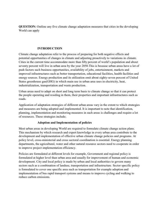 Page 1 – Outline any five climate change adaptation measures that cities in the developing World can apply – Kenyaplex