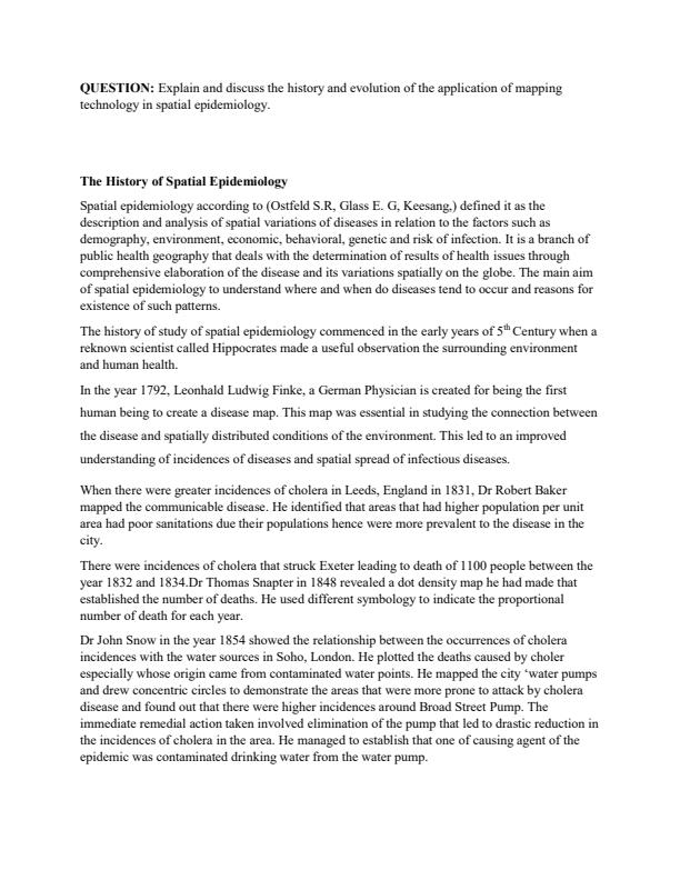 Page 1 – Explain and discuss the history and evolution of the application of mapping technology in spatial epidemiology – Kenyaplex