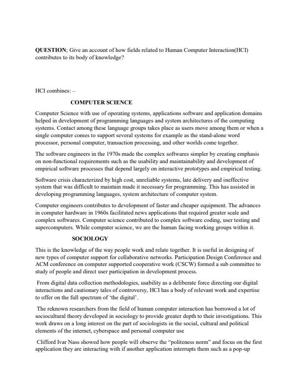 Page 1 – Give an account of how fields related to Human Computer Interaction(HCI) contributes to its body of knowledge – Kenyaplex