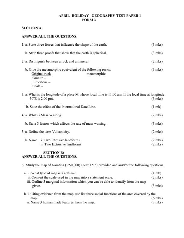 Page 1 – April Holiday Assignment Geography Test Paper 1 Form 3 – Kenyaplex