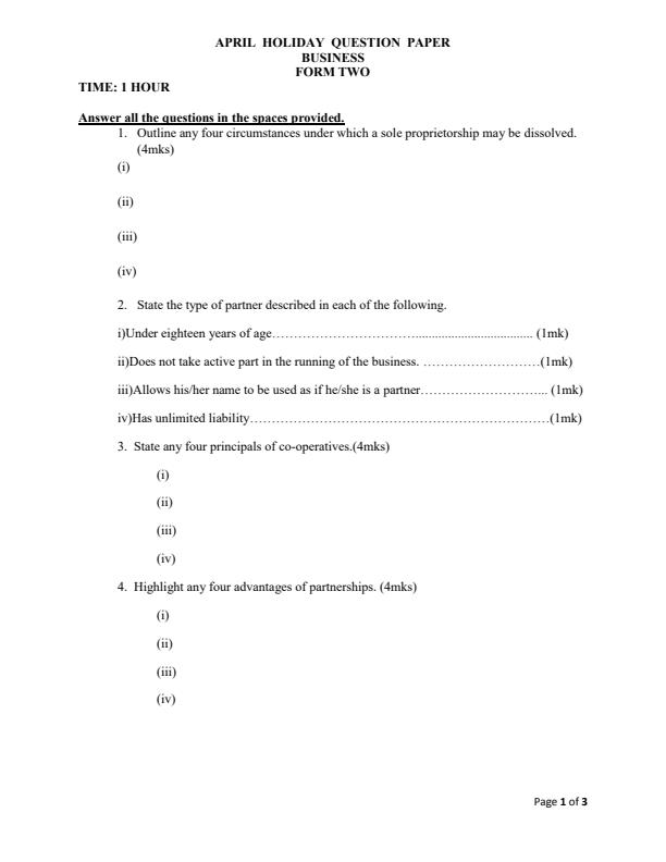 Page 1 – Form 2 Business Studies April Holiday Assignment – Kenyaplex