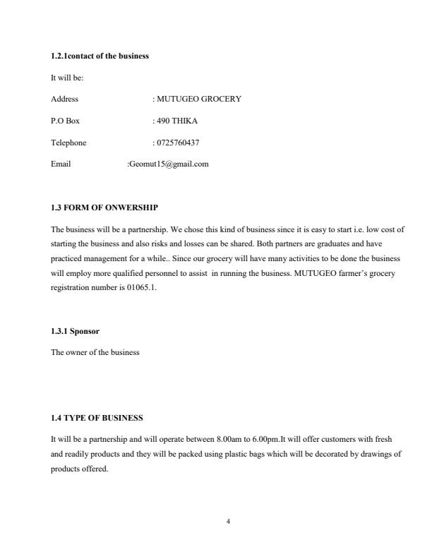 Page 4 – Sample Grocery Business Plan – Kenyaplex
