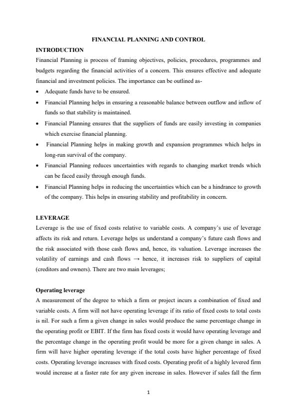 Page 1 – Introduction to Financial Planning and Control Notes – Kenyaplex