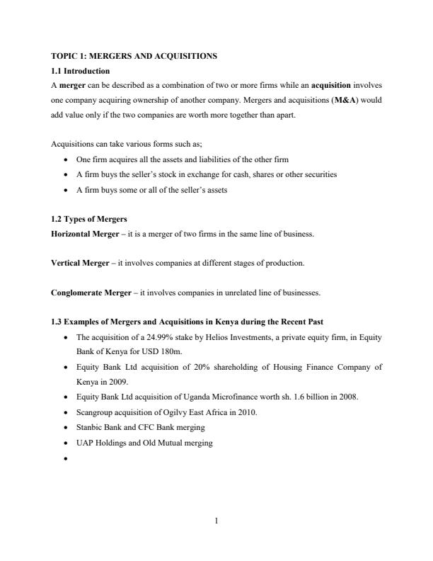Page 1 – Mergers and Acquisition Notes – Kenyaplex