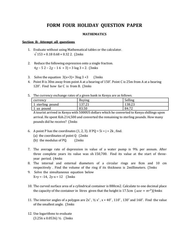 Page 1 – Form 4 Mathematics Holiday Assignment – Kenyaplex