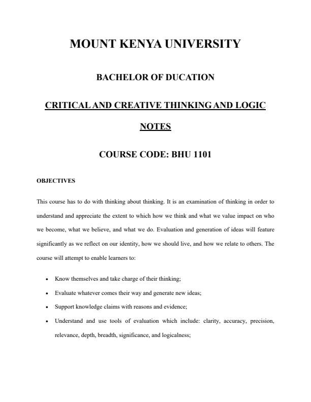 Page 1 – BHU 1101: Critical Thinking and Logic Notes – Kenyaplex